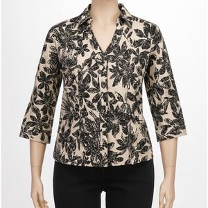 Harve Benard Linen Blend Blouse Womens XL Beige Black Floral Button Front NWT